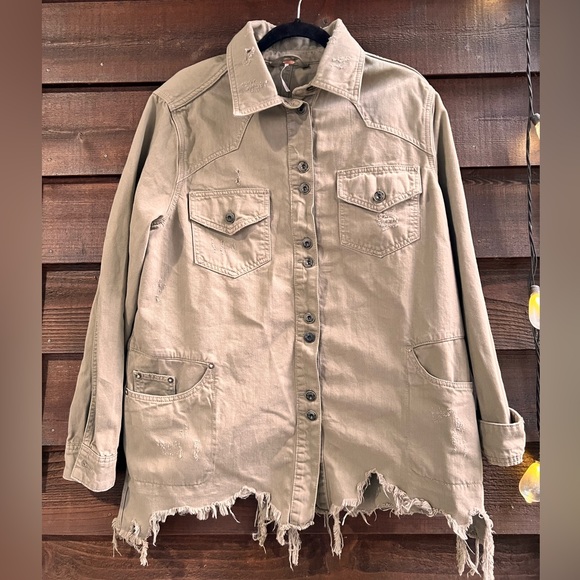 Free People Jackets & Blazers - Free People Oversized Olive Green Distressed Jean Jacket
